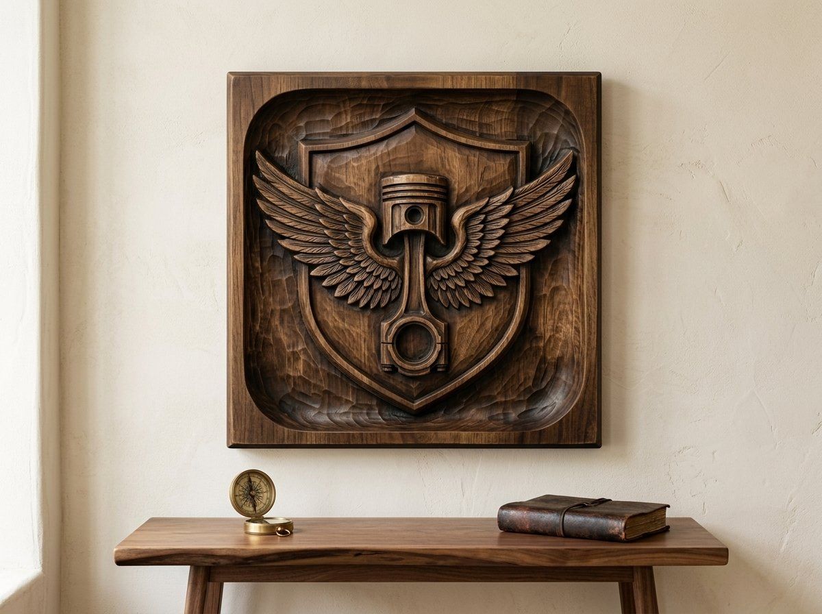Winged Piston Shield Motorcycle Tank Badge CNC Relief STL bas-relief STL — view 12