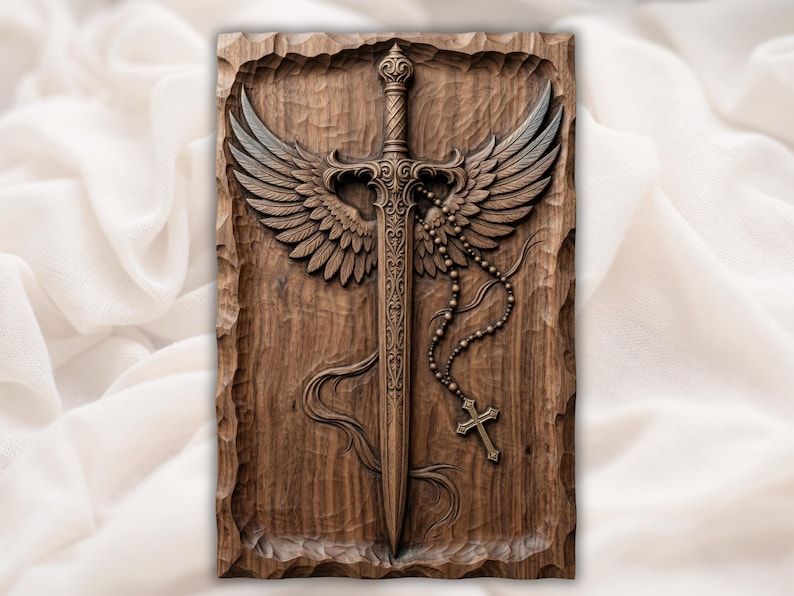 Bas-relief wood carving of a winged sword with a rosary draped over the blade and a hanging cross