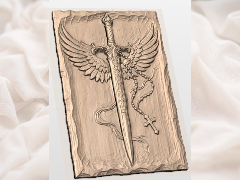 Winged Sword and Rosary Cross Bas-Relief Carving STL bas-relief STL — view 2