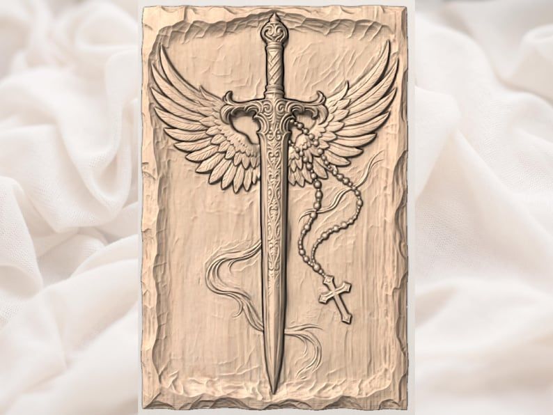 Winged Sword and Rosary Cross Bas-Relief Carving STL bas-relief STL — view 3