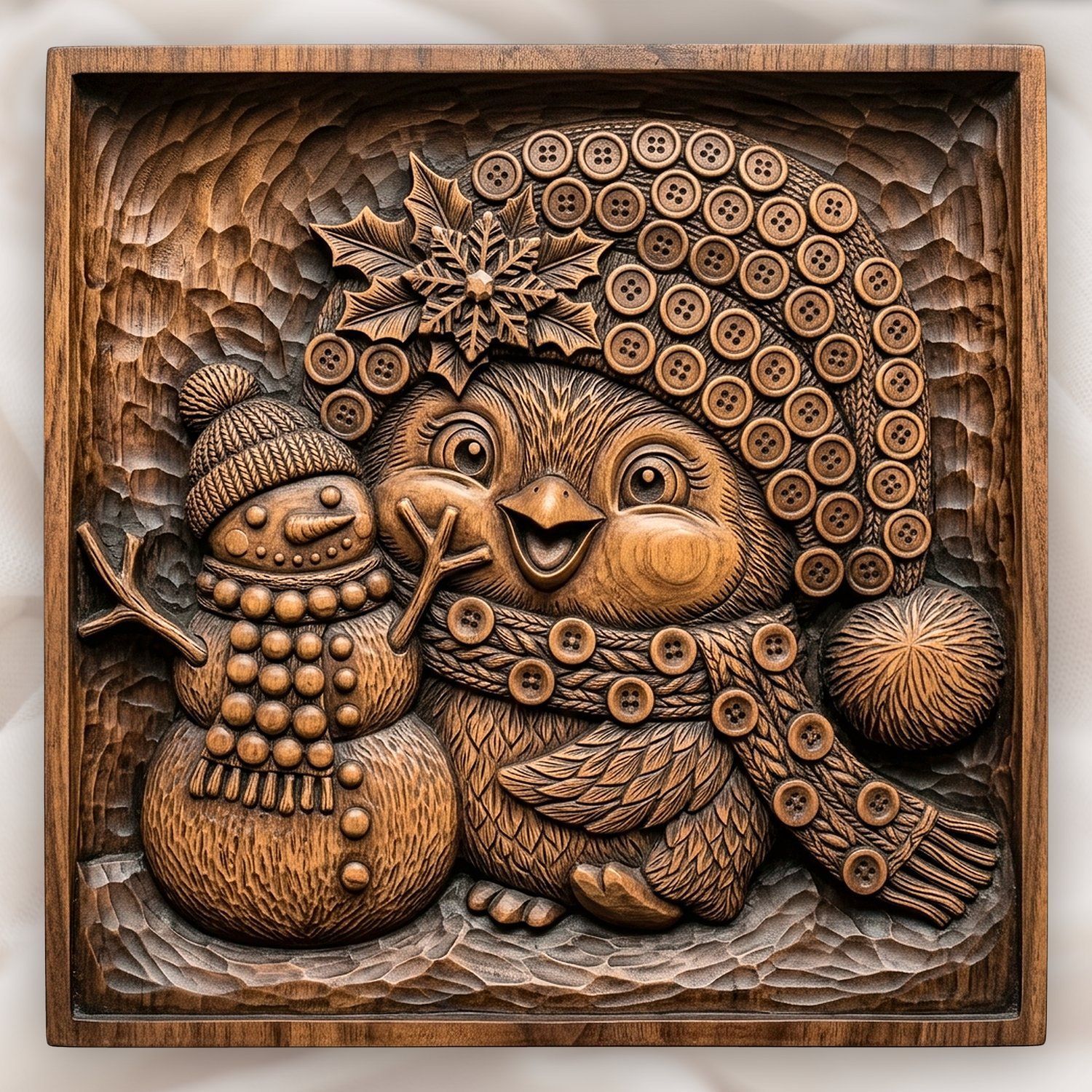 Winter Bird and Snowman CNC Relief STL | Holiday Wall Art Panel | Whimsical Wood Decor — carved bas relief STL file for CNC