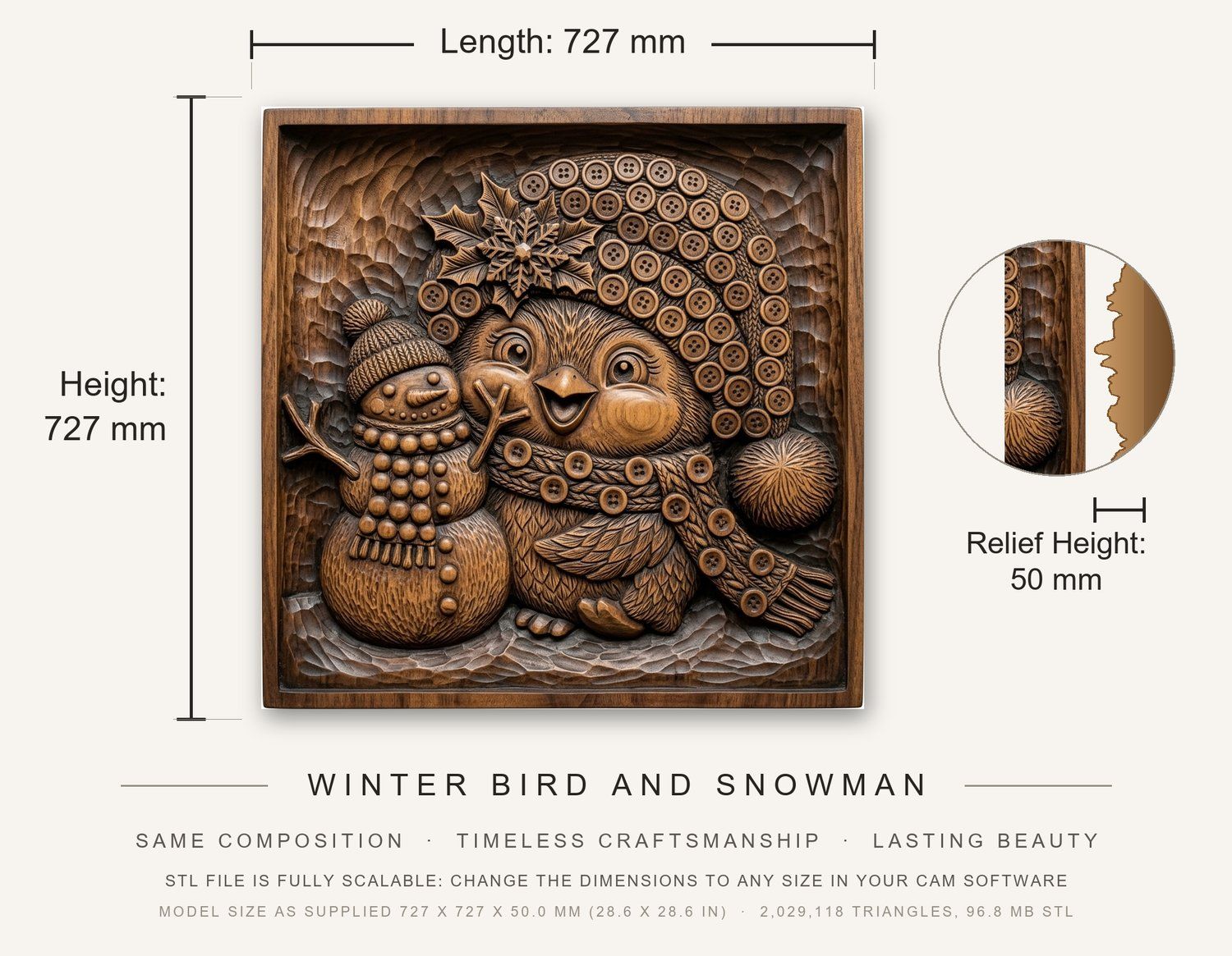 Winter Bird and Snowman CNC Relief STL bas-relief STL — view 3