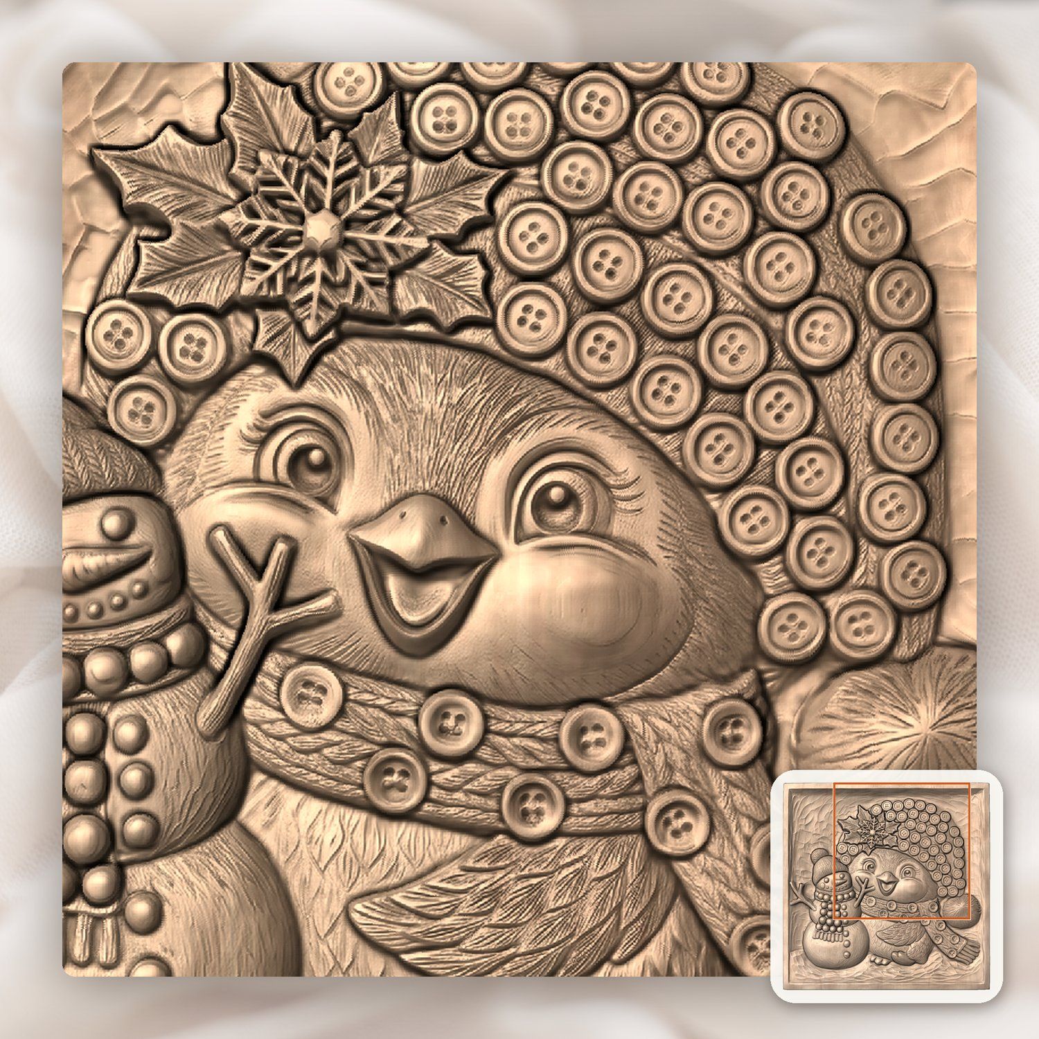 Winter Bird and Snowman CNC Relief STL bas-relief STL — view 7