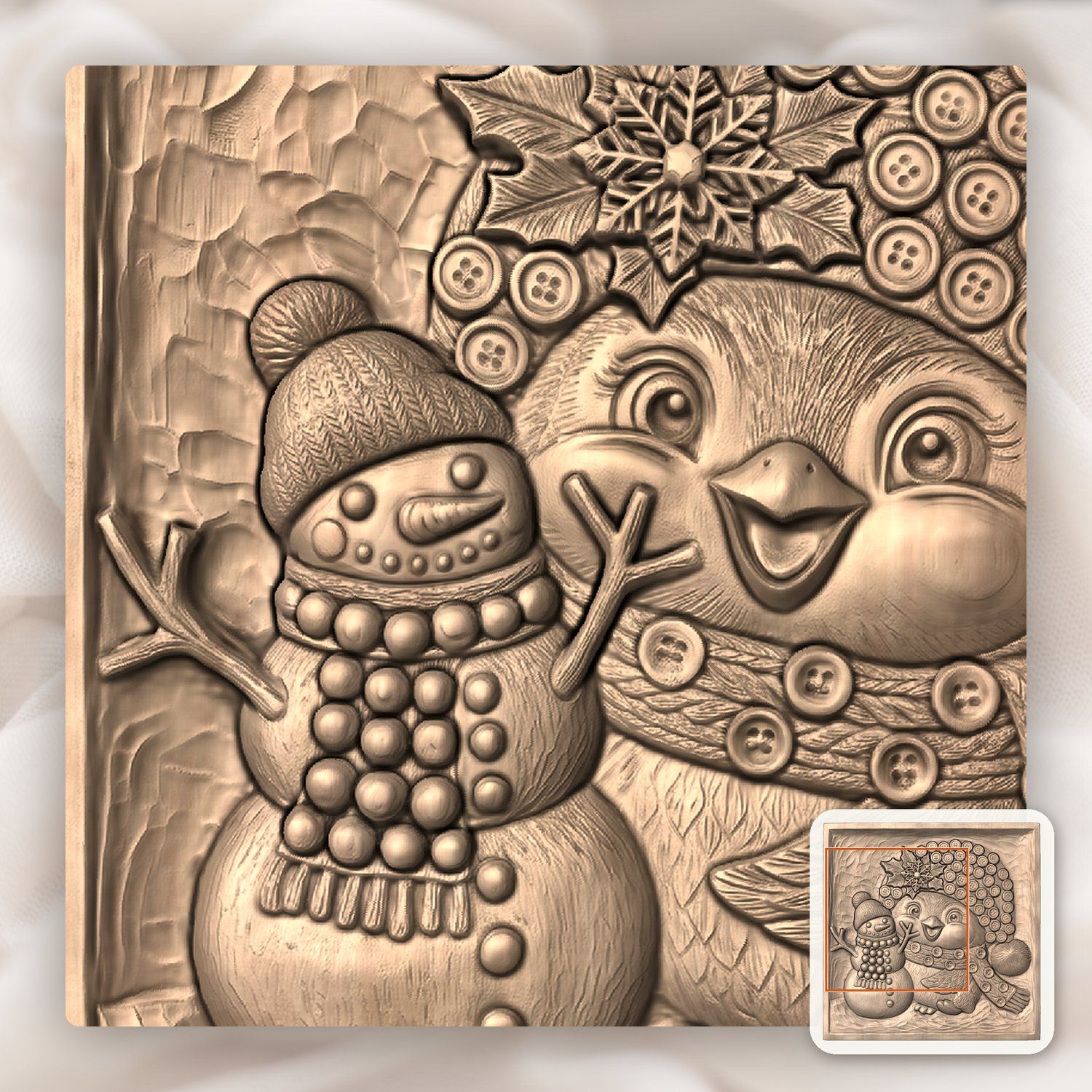 Winter Bird and Snowman CNC Relief STL bas-relief STL — view 8