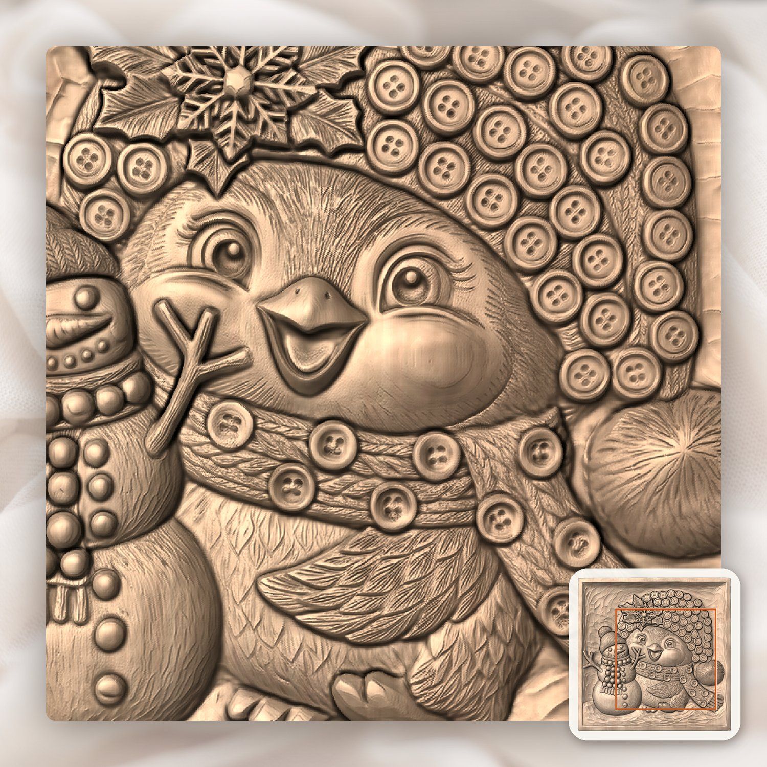Winter Bird and Snowman CNC Relief STL bas-relief STL — view 9