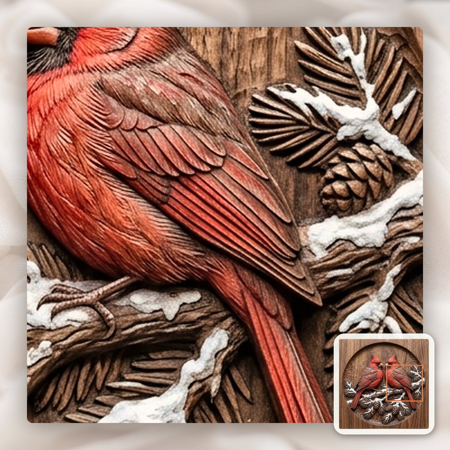 Winter Cardinals on Pine Branch CNC Relief STL bas-relief STL — view 12