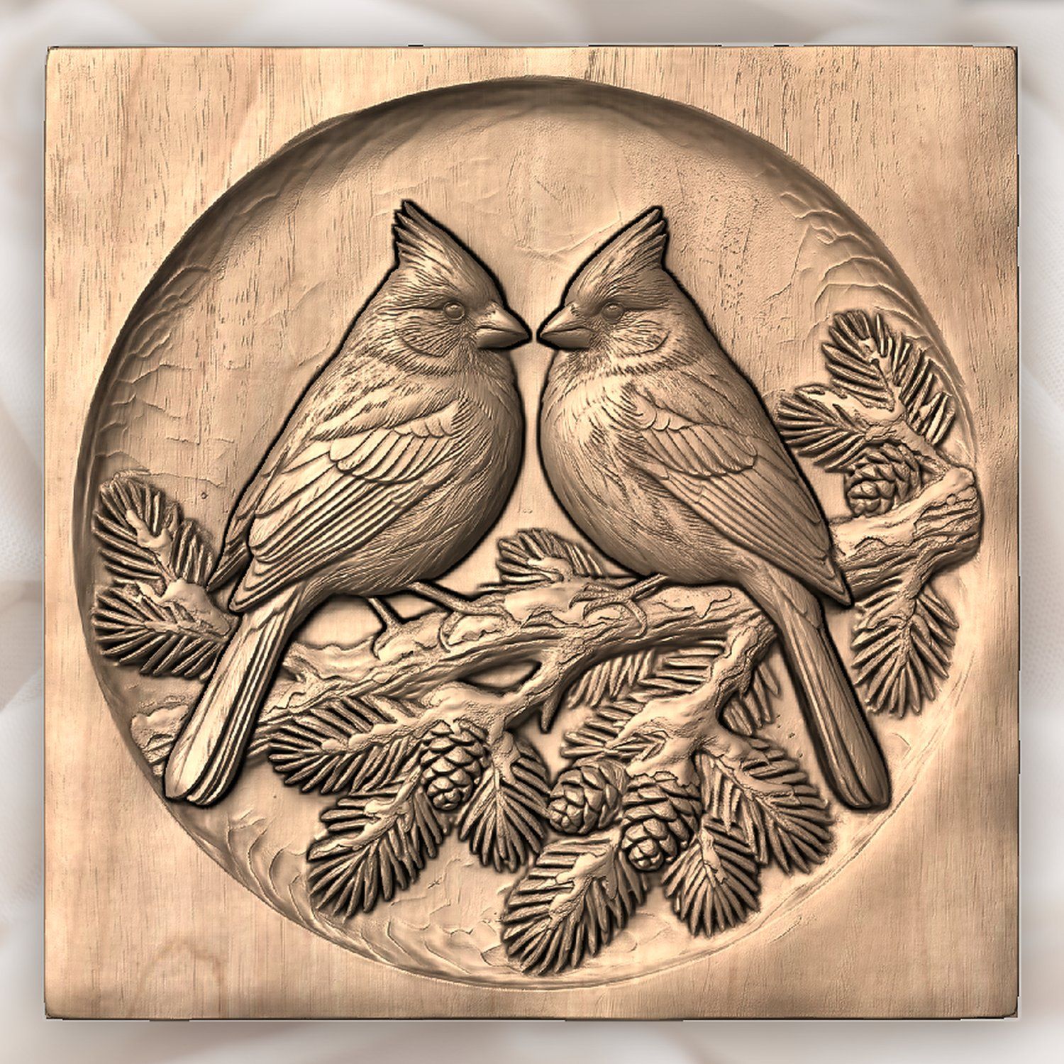 Winter Cardinals on Pine Branch CNC Relief STL bas-relief STL — view 4