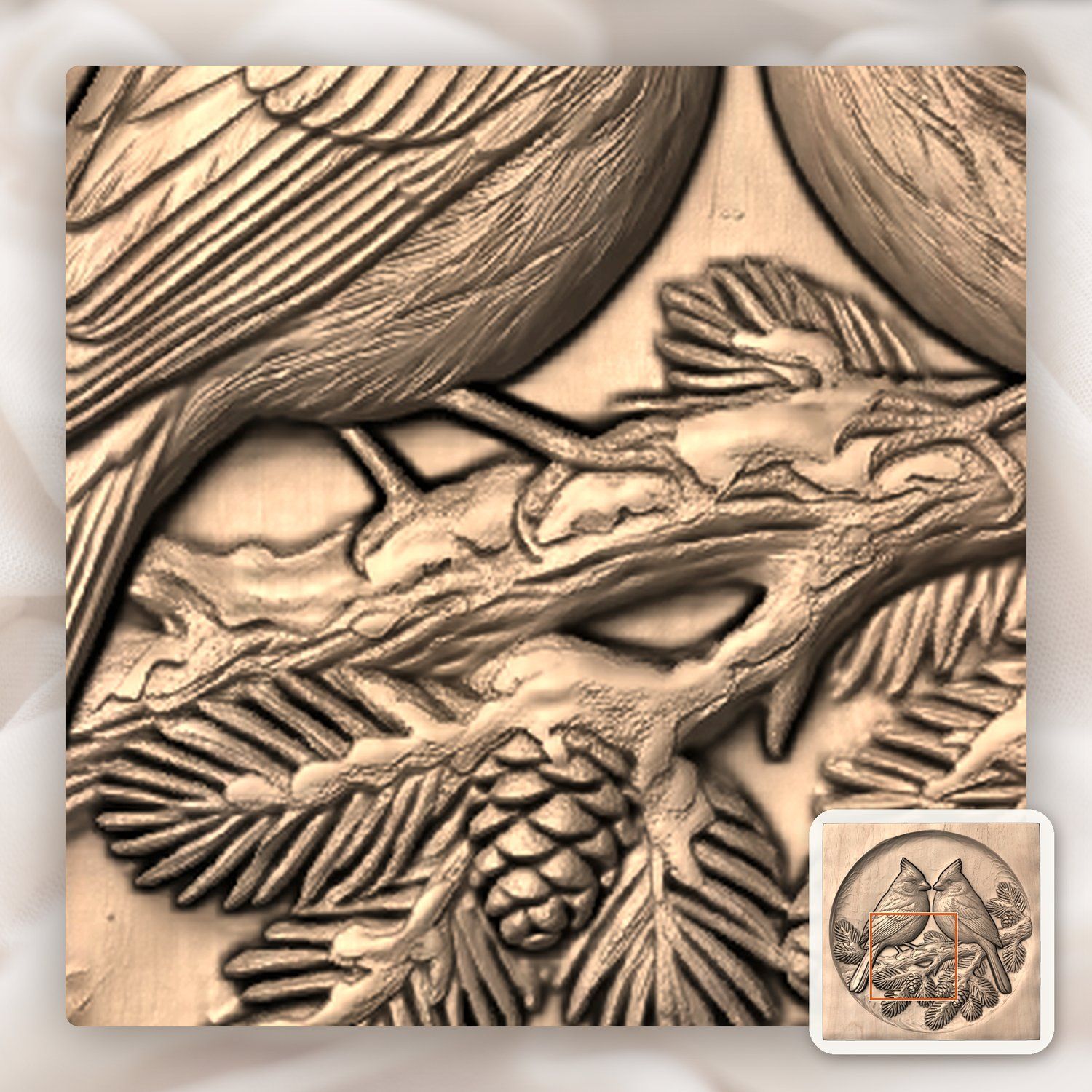 Winter Cardinals on Pine Branch CNC Relief STL bas-relief STL — view 7