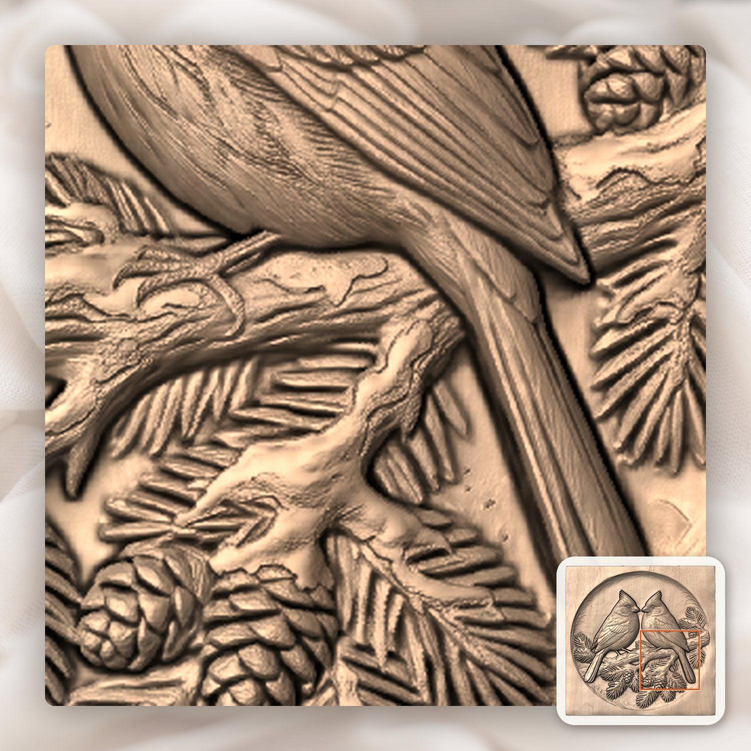 Winter Cardinals on Pine Branch CNC Relief STL bas-relief STL — view 8