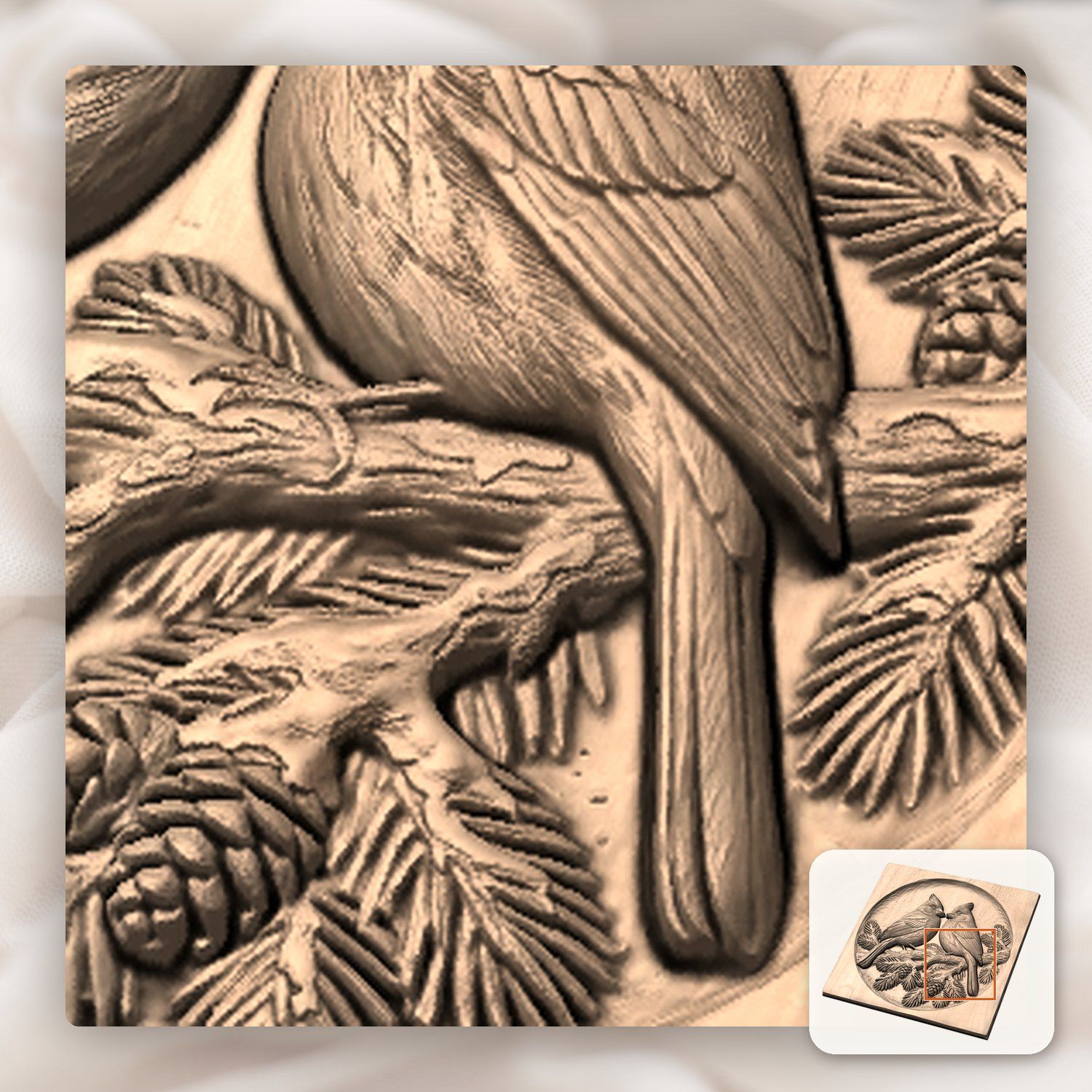 Winter Cardinals on Pine Branch CNC Relief STL bas-relief STL — view 10