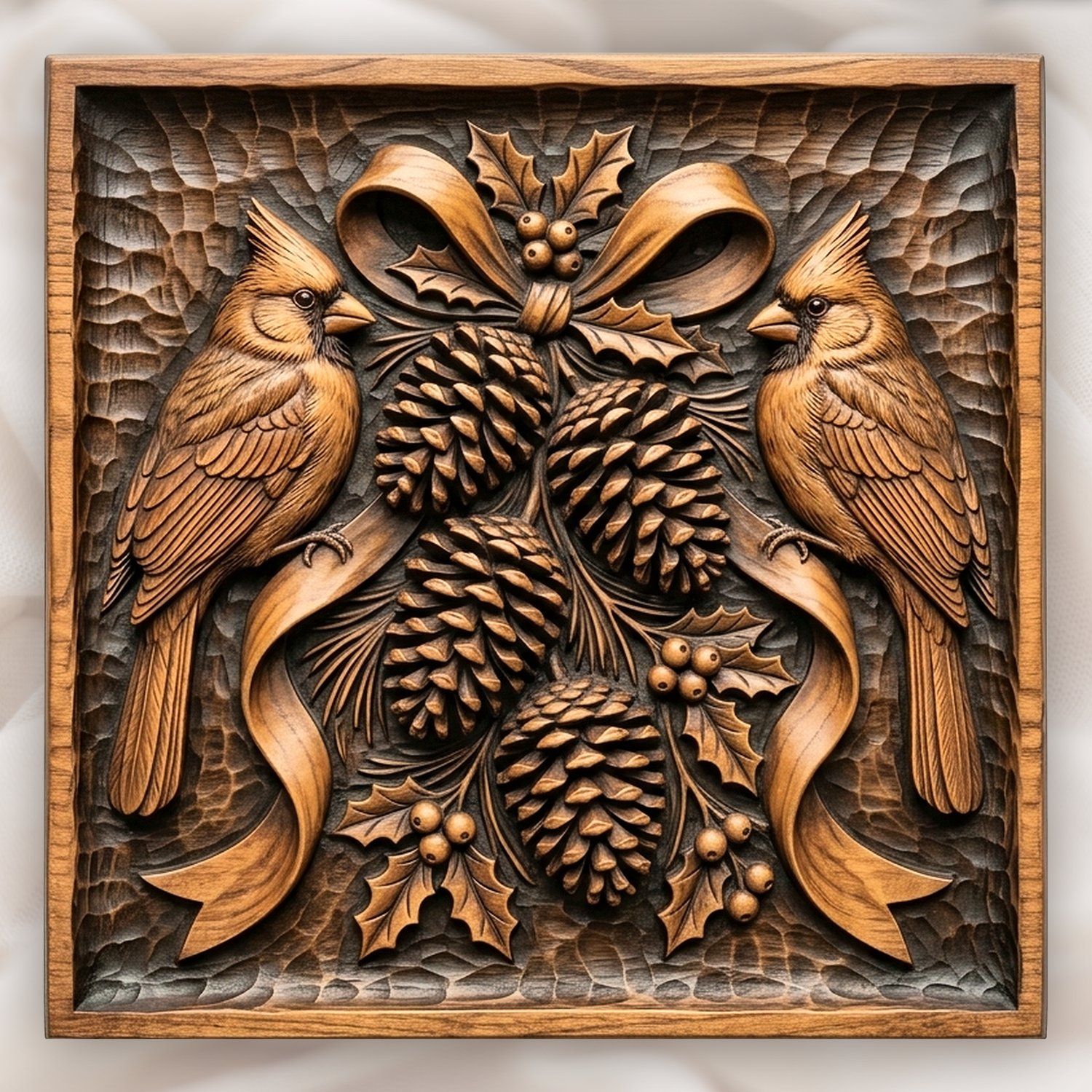 Winter Cardinals Pinecone Branch CNC Relief STL bas-relief STL design