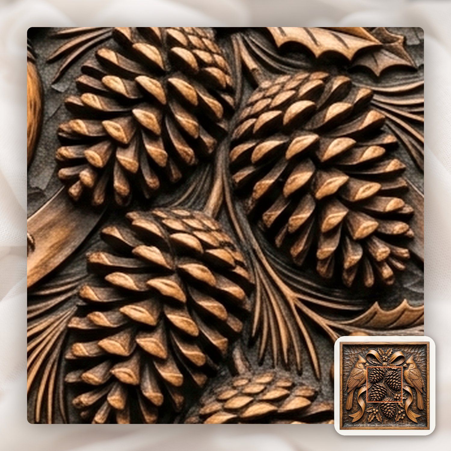 Winter Cardinals Pinecone Branch CNC Relief STL bas-relief STL — view 11