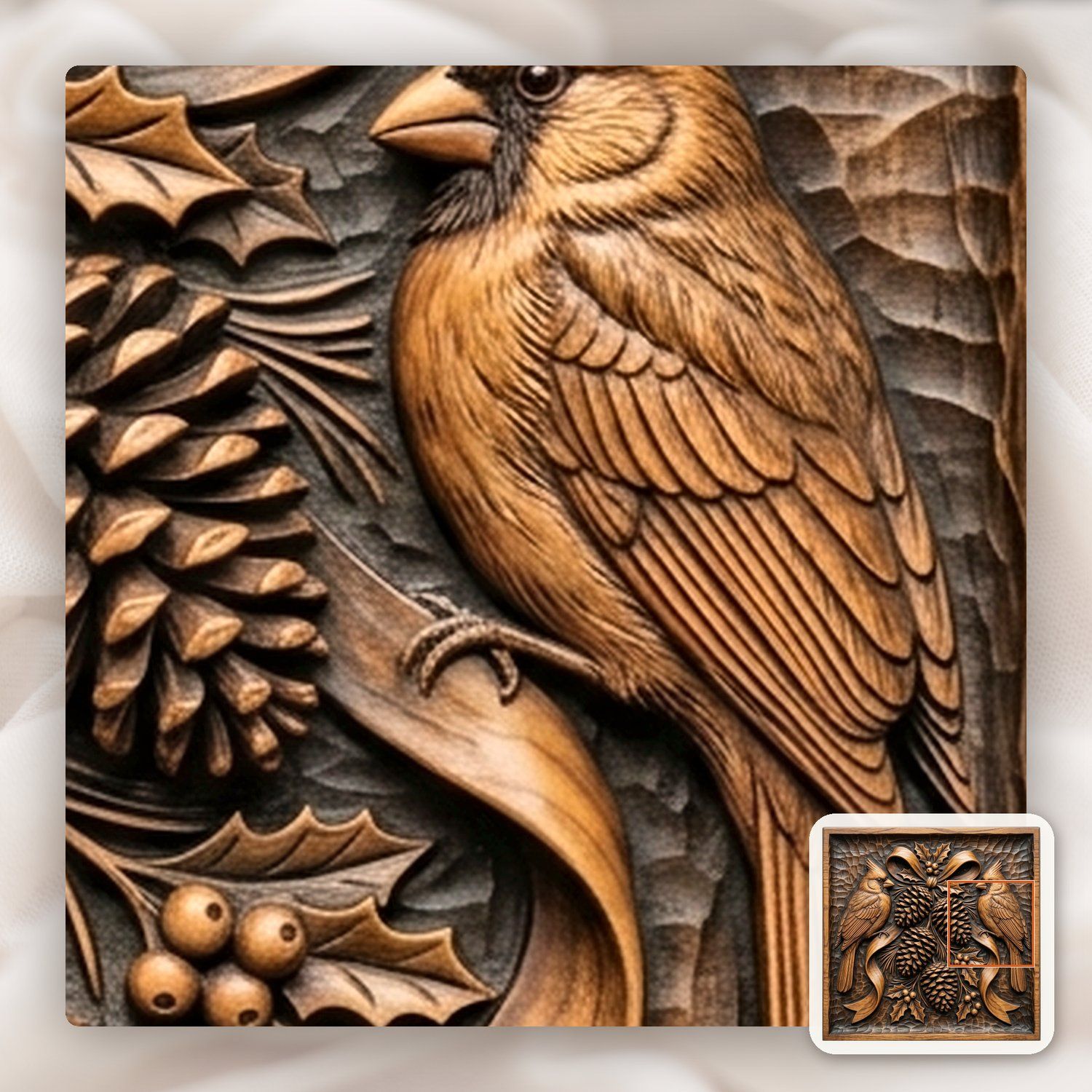 Winter Cardinals Pinecone Branch CNC Relief STL bas-relief STL — view 13