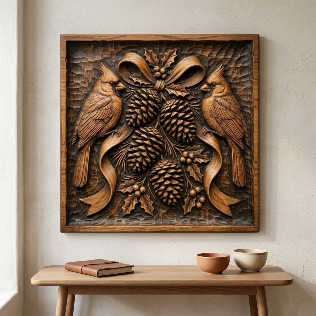 Winter Cardinals Pinecone Branch CNC Relief STL bas-relief STL — view 14