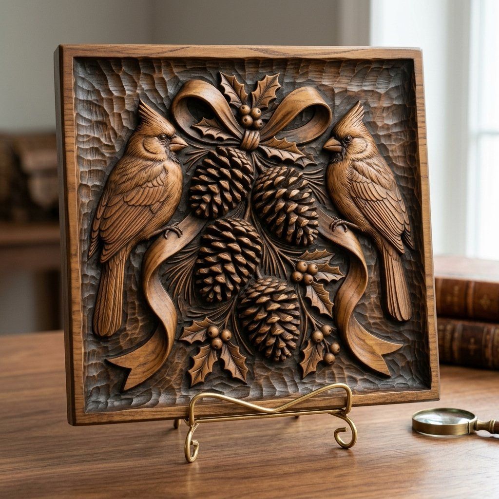 Winter Cardinals Pinecone Branch CNC Relief STL bas-relief STL — view 3