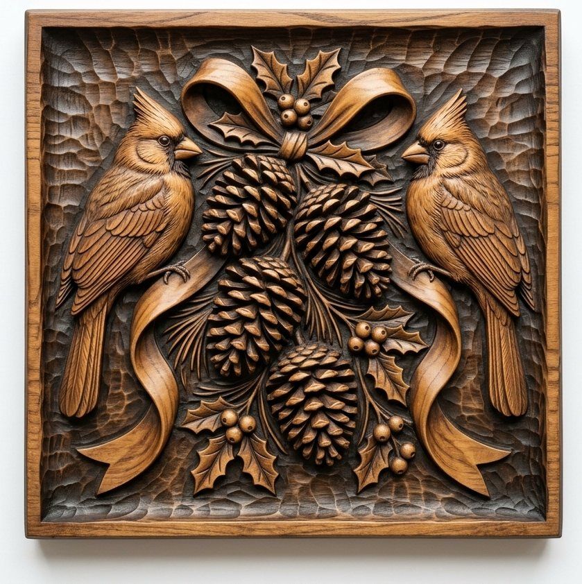 Winter Cardinals Pinecone Branch CNC Relief STL bas-relief STL — view 12