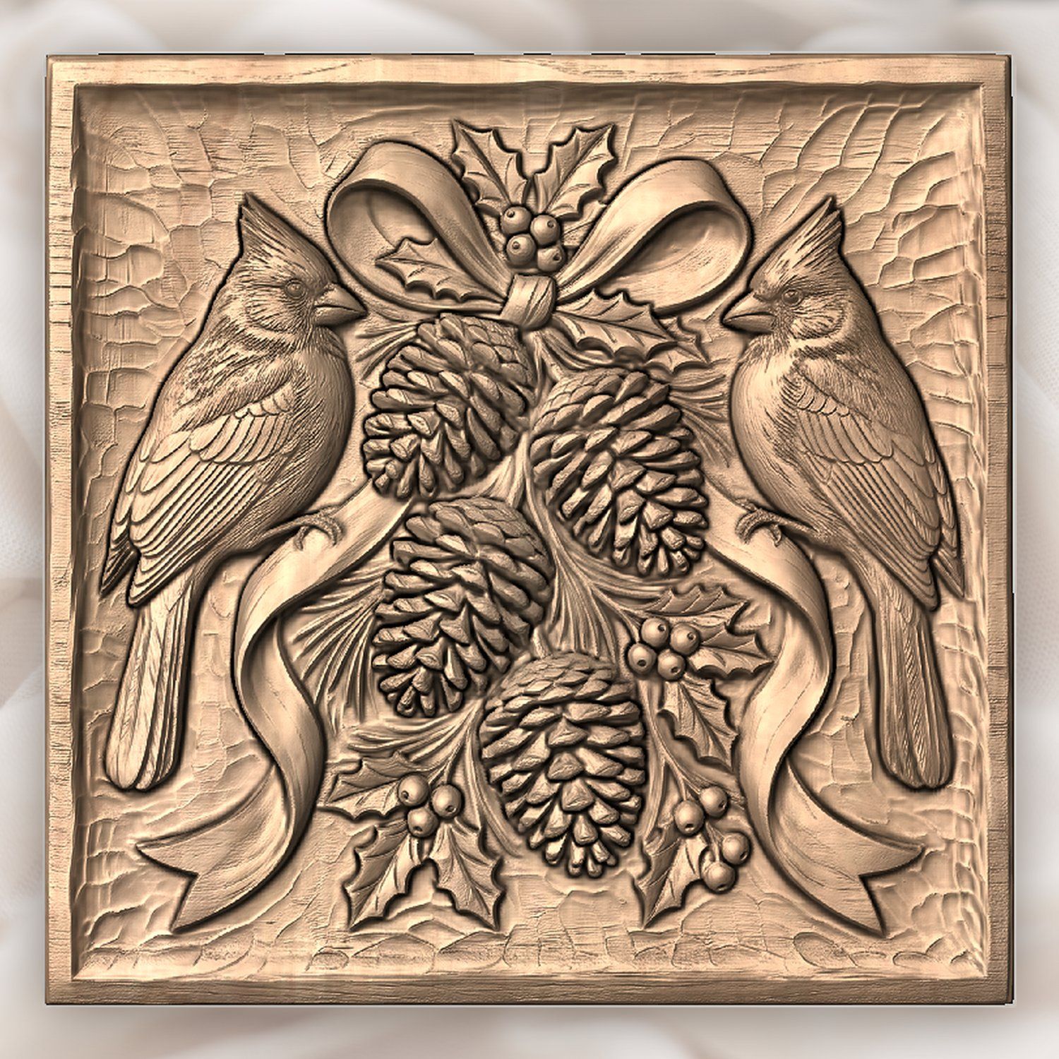 Winter Cardinals Pinecone Branch CNC Relief STL bas-relief STL — view 4