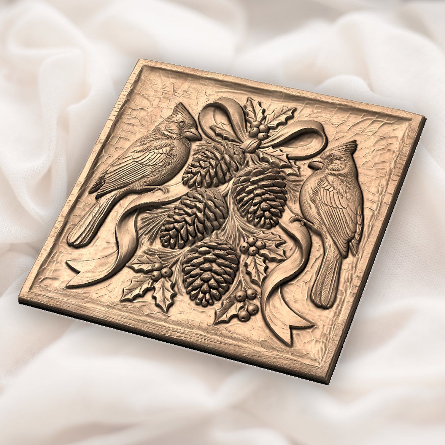 Winter Cardinals Pinecone Branch CNC Relief STL bas-relief STL — view 5