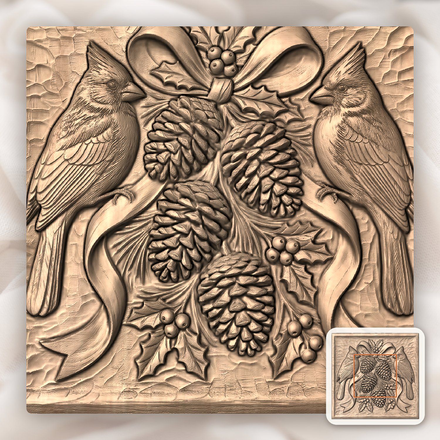 Winter Cardinals Pinecone Branch CNC Relief STL bas-relief STL — view 6