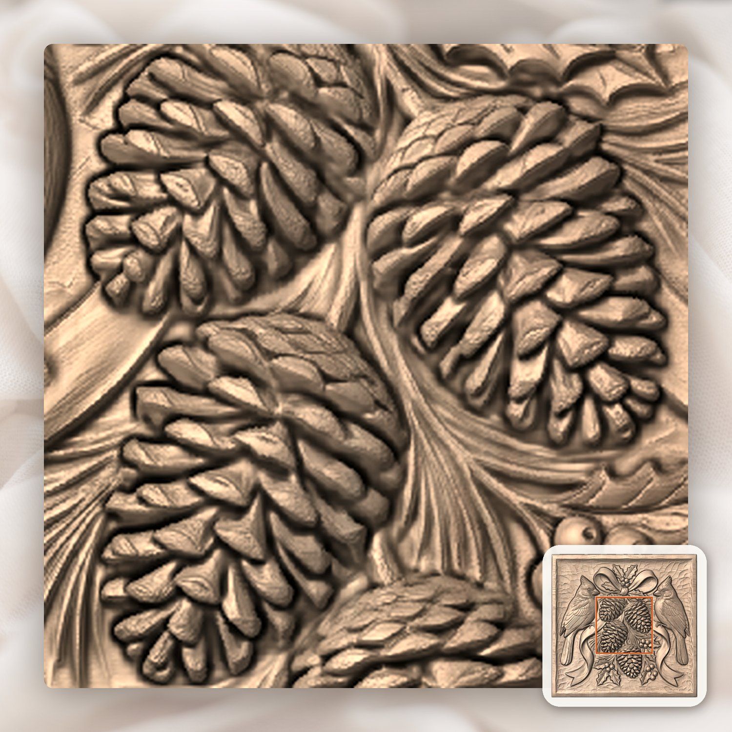 Winter Cardinals Pinecone Branch CNC Relief STL bas-relief STL — view 7