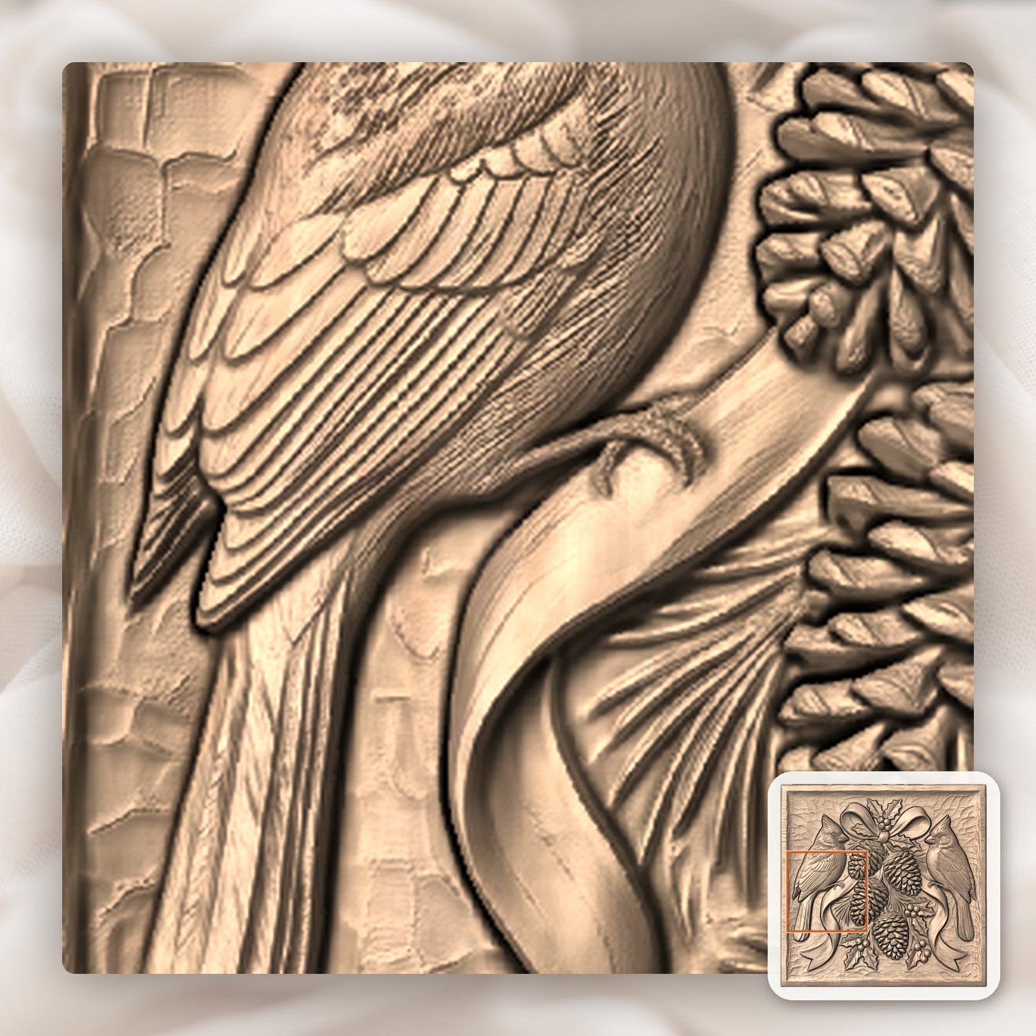 Winter Cardinals Pinecone Branch CNC Relief STL bas-relief STL — view 8