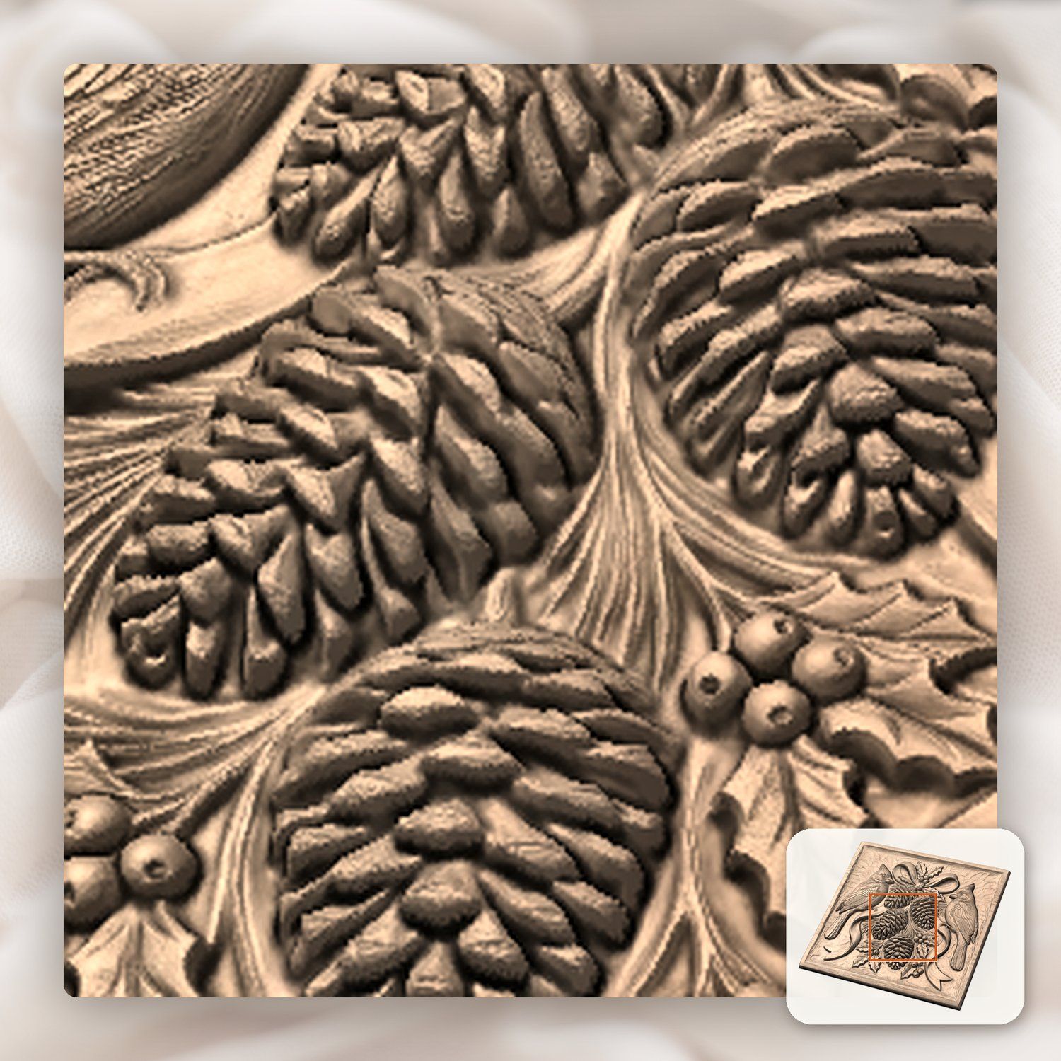 Winter Cardinals Pinecone Branch CNC Relief STL bas-relief STL — view 9