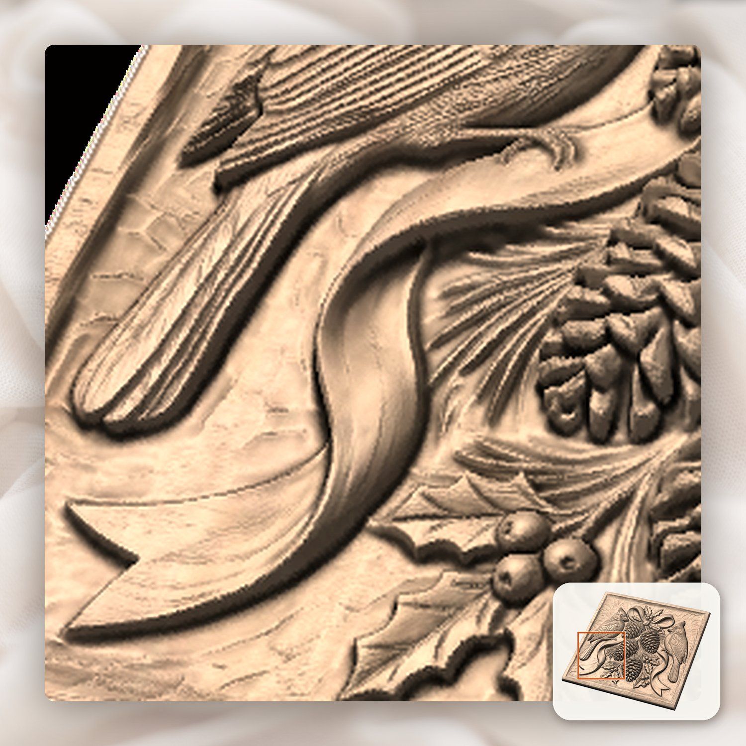 Winter Cardinals Pinecone Branch CNC Relief STL bas-relief STL — view 10