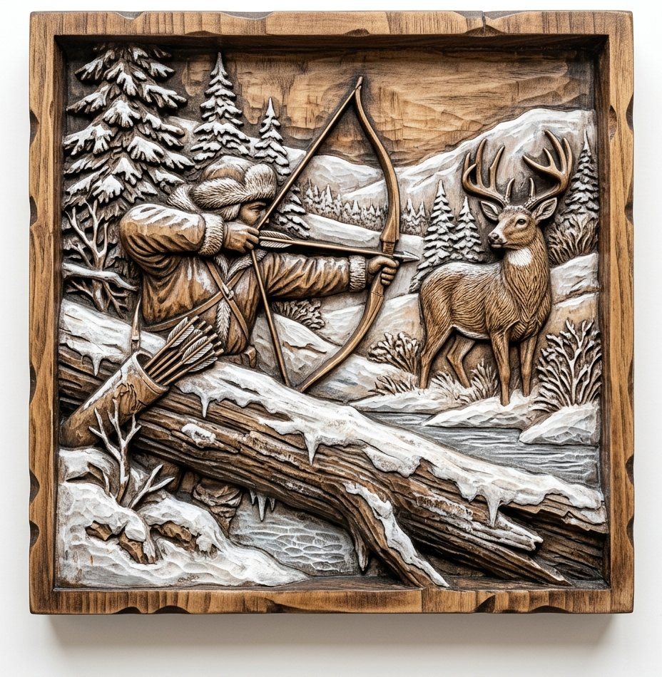 Winter Hunting Scene Wall Art | Bow Hunter Stalking Buck Relief | Rustic Forest Cabin Decor Panel | Aspire VCarve CNC Model — carved bas relief STL file for CNC