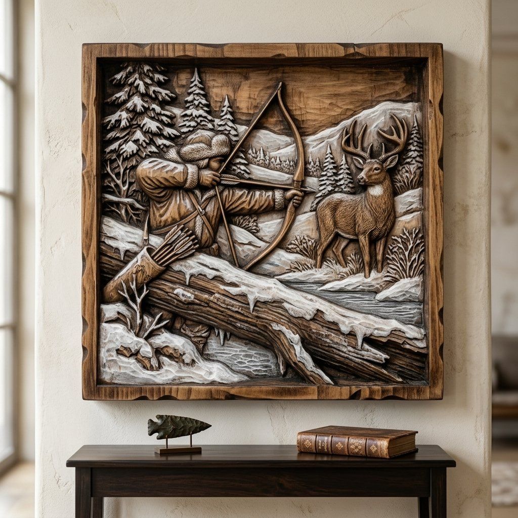 Winter Hunting Scene Wall Art bas-relief STL — view 6