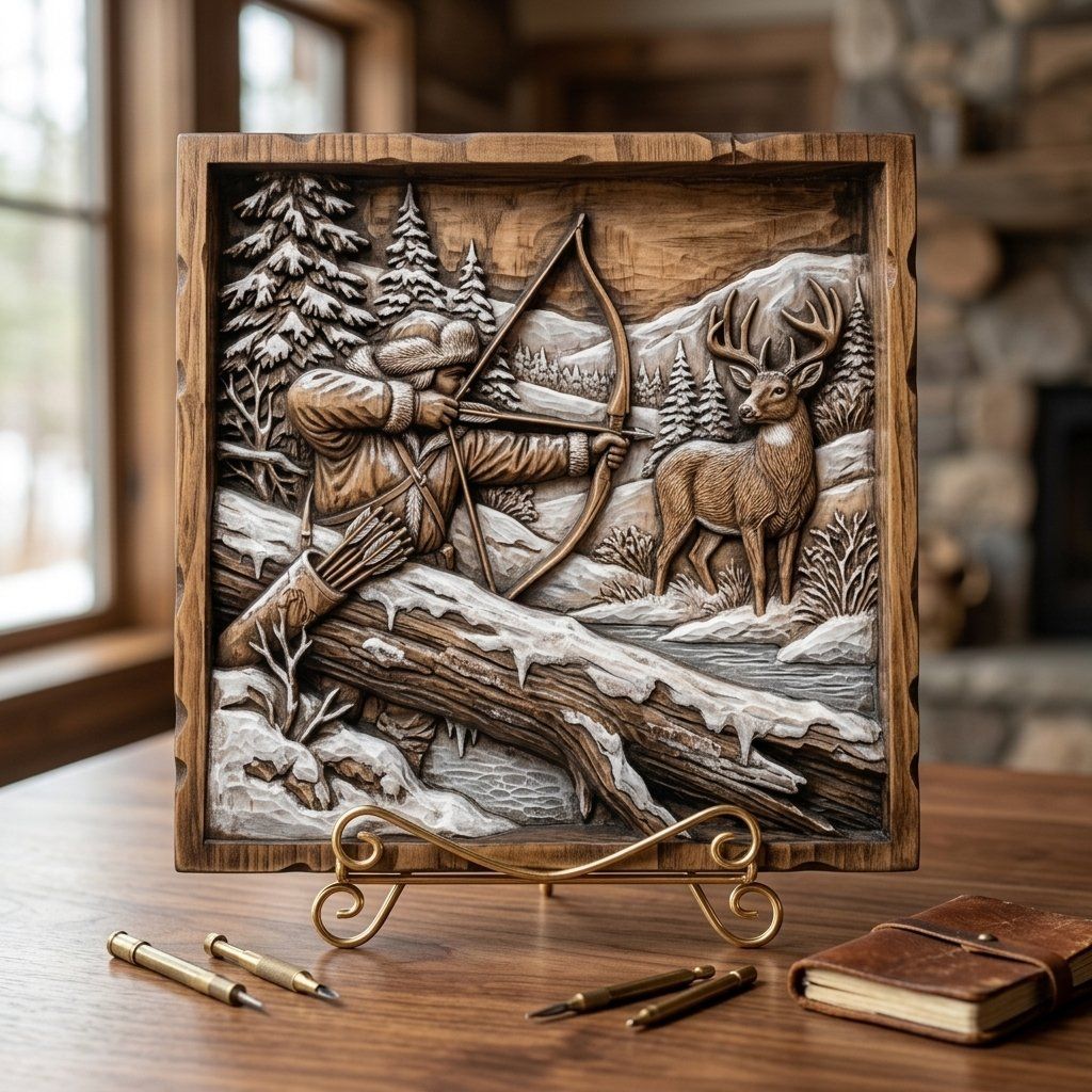 Winter Hunting Scene Wall Art bas-relief STL — view 7
