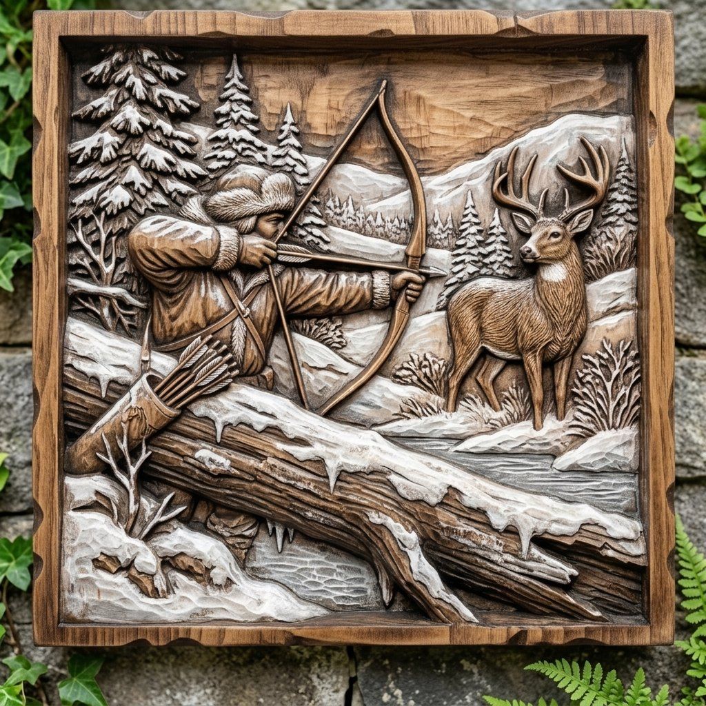 Winter Hunting Scene Wall Art bas-relief STL — view 8
