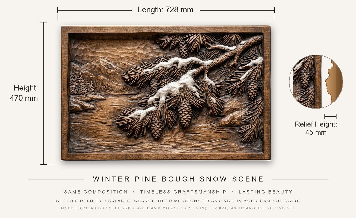 Winter Pine Bough Snow Scene CNC Relief STL bas-relief STL — view 3