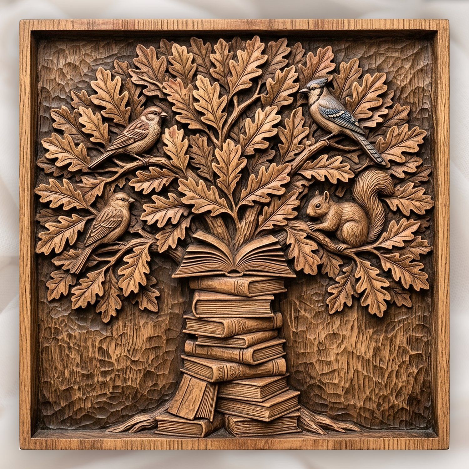 Wisdom Tree of Knowledge Oak Leaves and Books CNC Relief STL bas-relief STL design