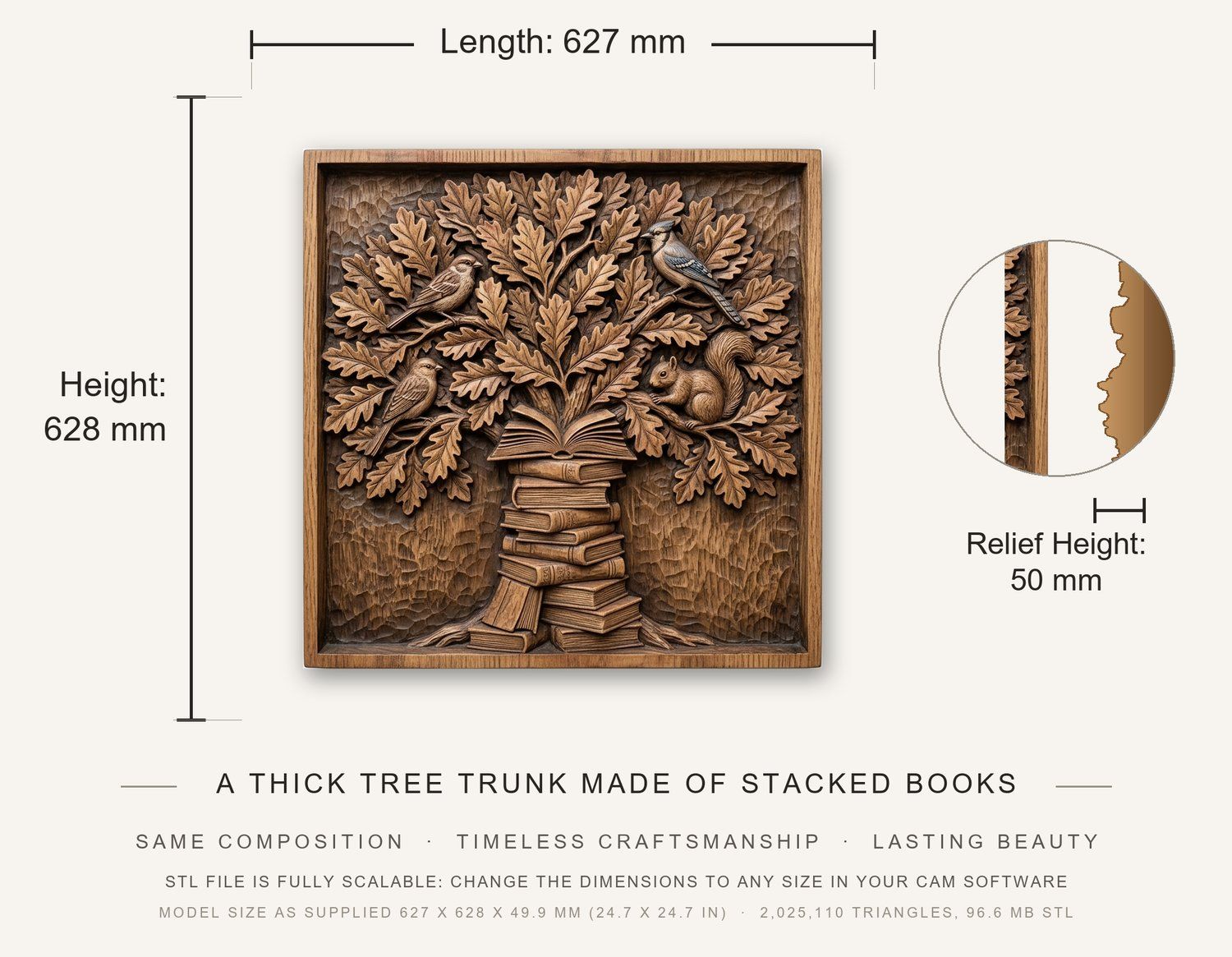 Wisdom Tree of Knowledge Oak Leaves and Books CNC Relief STL bas-relief STL — view 3