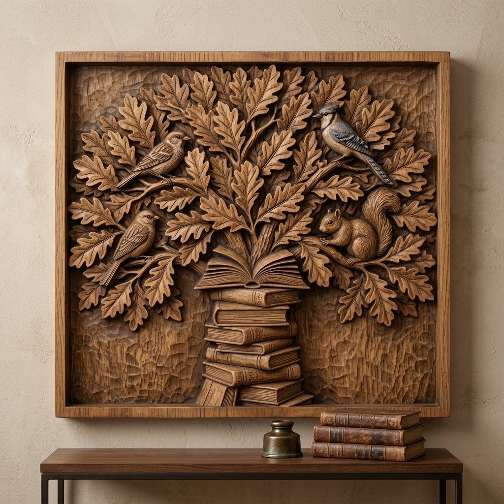 Wisdom Tree of Knowledge Oak Leaves and Books CNC Relief STL bas-relief STL — view 14