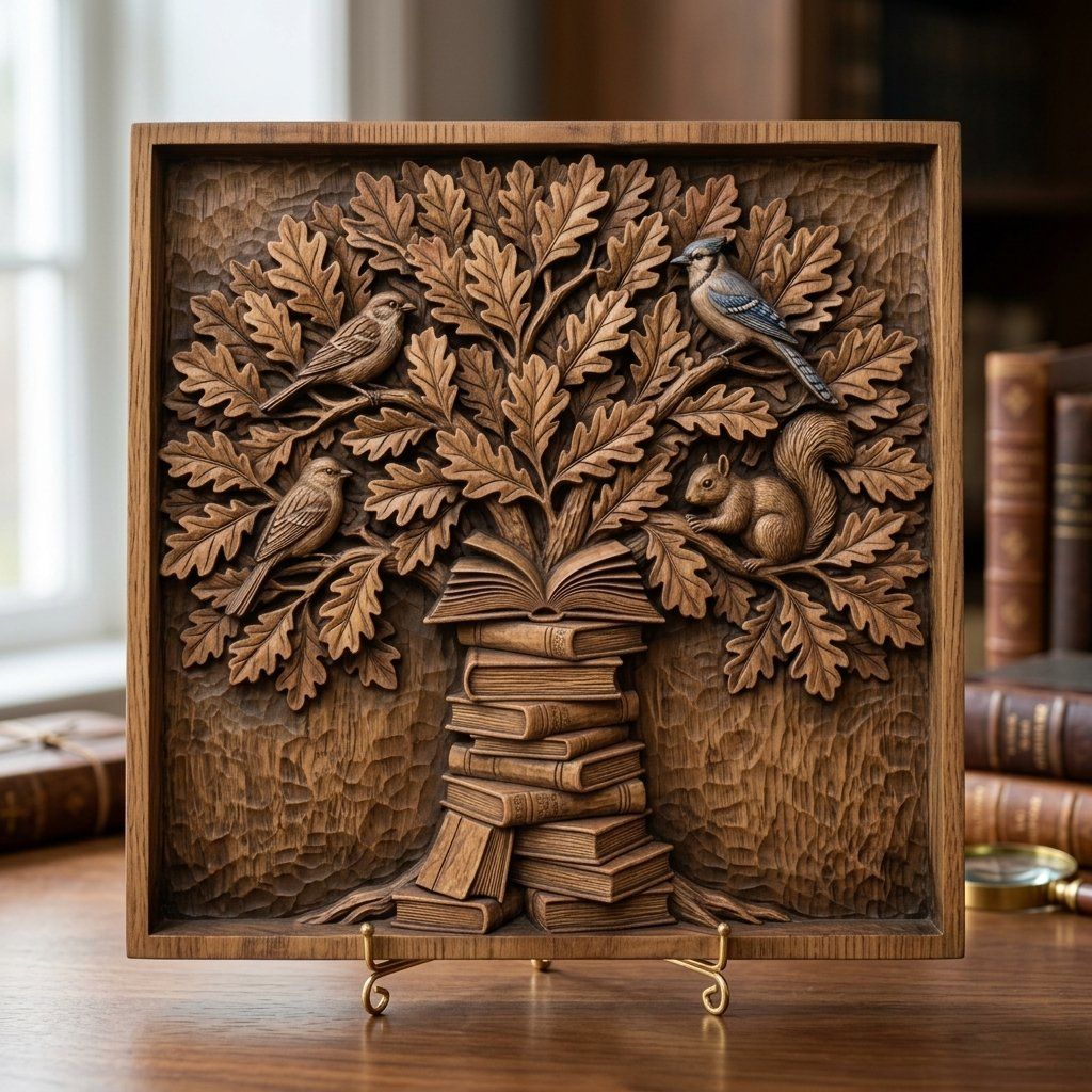 Wisdom Tree of Knowledge Oak Leaves and Books CNC Relief STL bas-relief STL — view 15