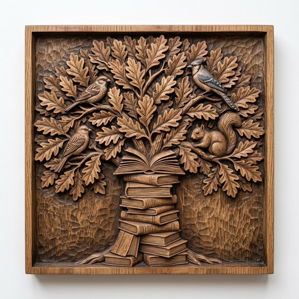 Wisdom Tree of Knowledge Oak Leaves and Books CNC Relief STL bas-relief STL — view 11