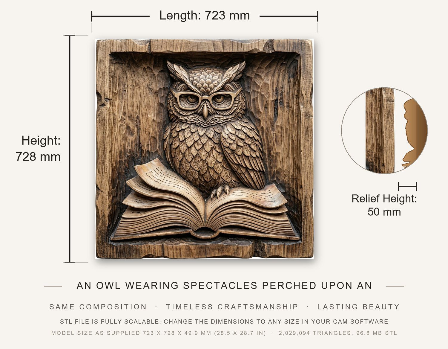 Wise Scholar Owl Reading Book CNC Relief STL bas-relief STL — view 3