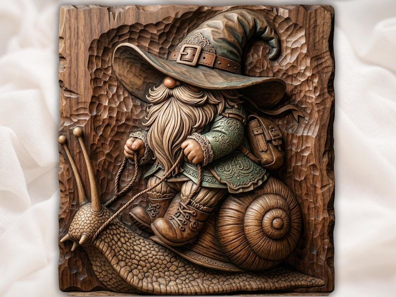 Carved wood bas-relief of a wizard gnome in a floppy hat riding a giant snail with reins