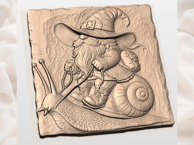 Wizard Gnome Riding a Snail Bas-Relief STL Wood Carving bas-relief STL — view 2