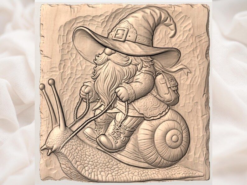 Wizard Gnome Riding a Snail Bas-Relief STL Wood Carving bas-relief STL — view 3