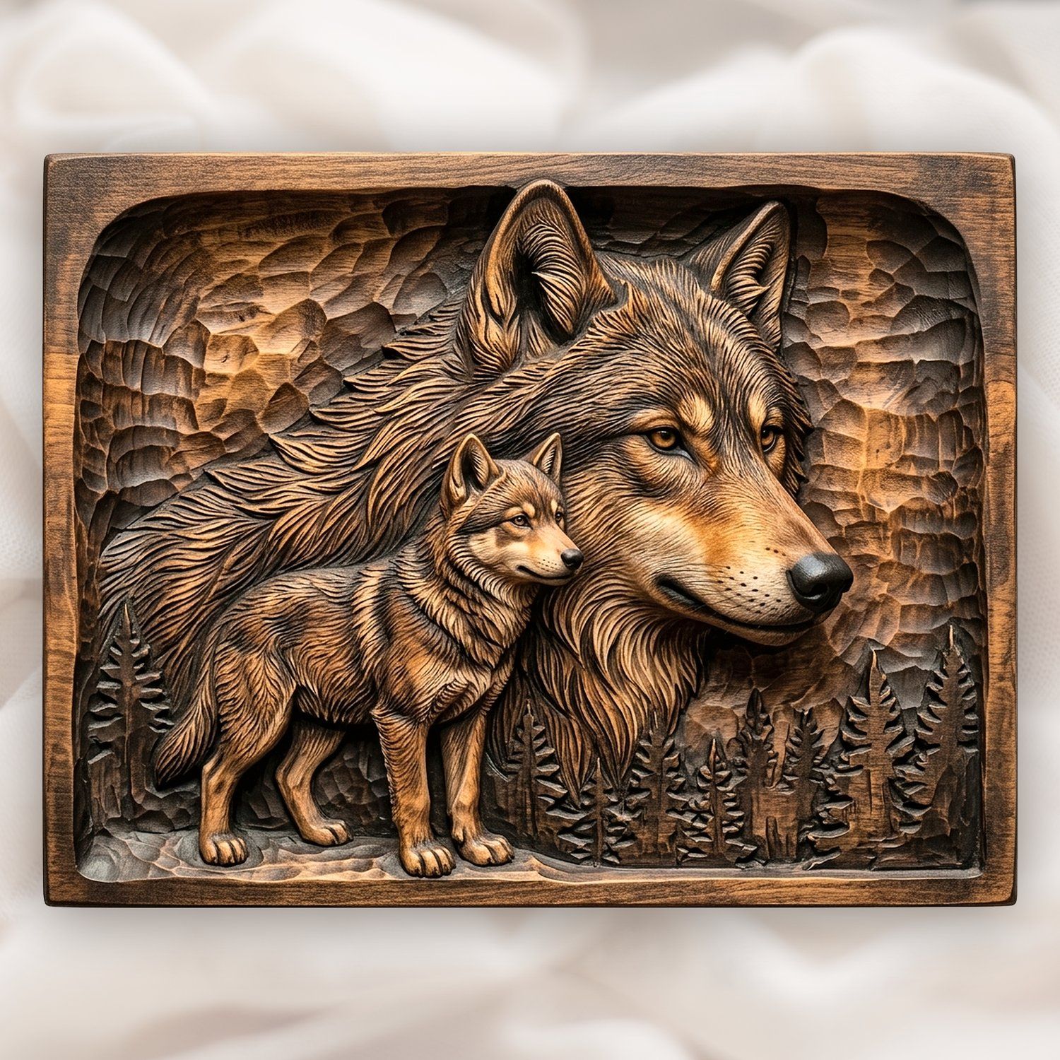 Wolf and Cub Wildlife Scene CNC Relief STL bas-relief STL design
