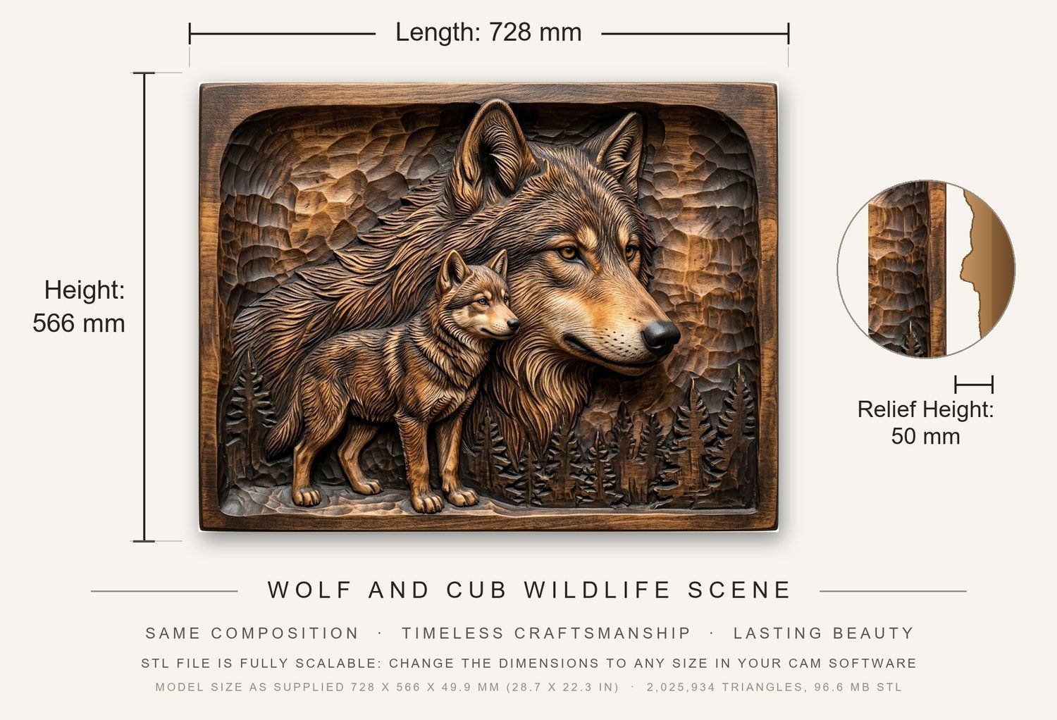 Wolf and Cub Wildlife Scene CNC Relief STL bas-relief STL — view 3