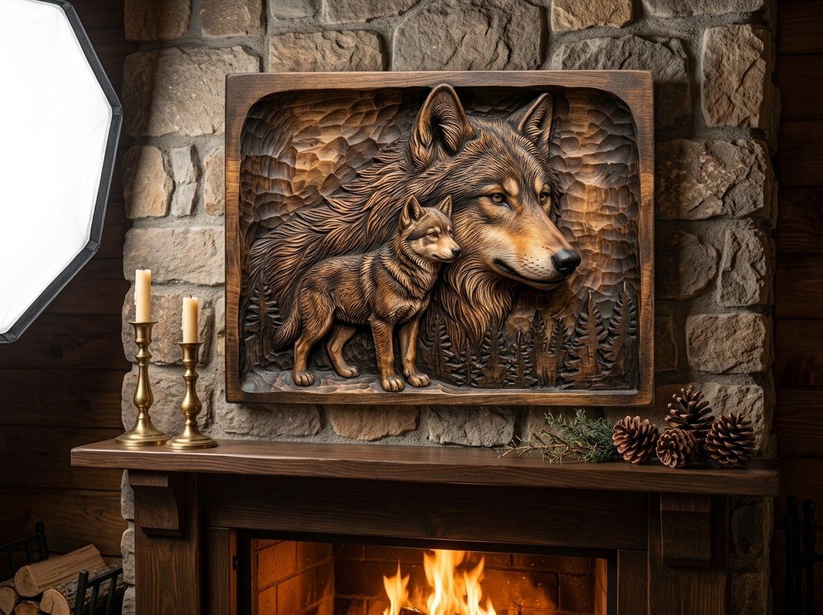 Wolf and Cub Wildlife Scene CNC Relief STL bas-relief STL — view 14