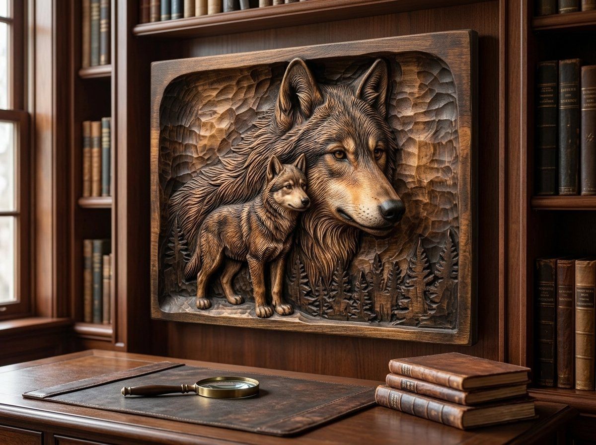 Wolf and Cub Wildlife Scene CNC Relief STL bas-relief STL — view 15