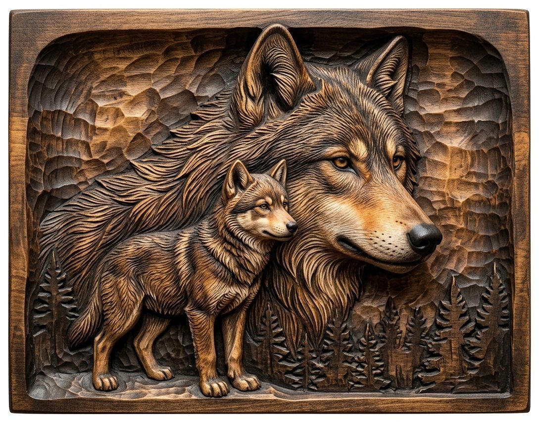 Wolf and Cub Wildlife Scene CNC Relief STL bas-relief STL — view 4