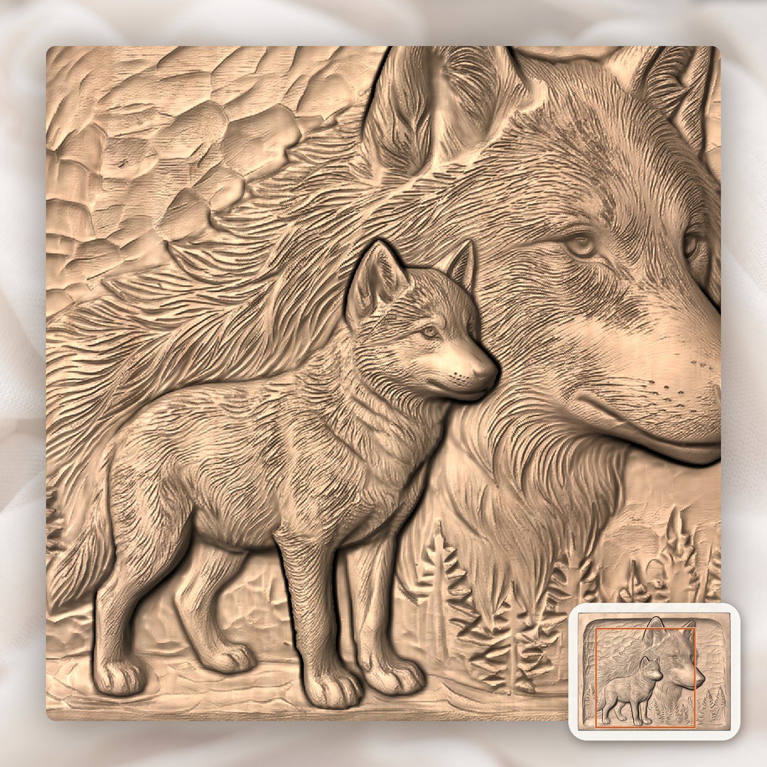 Wolf and Cub Wildlife Scene CNC Relief STL bas-relief STL — view 7