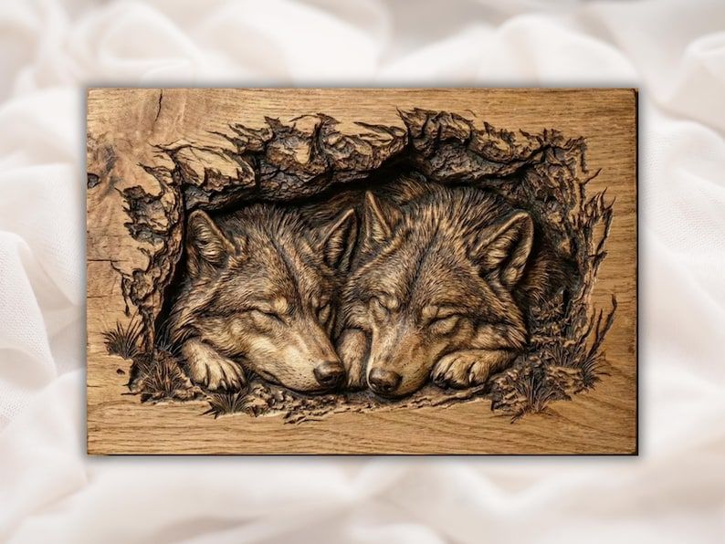 Bas-relief wood carving of two sleeping wolves resting together inside a broken tree hollow with grass below