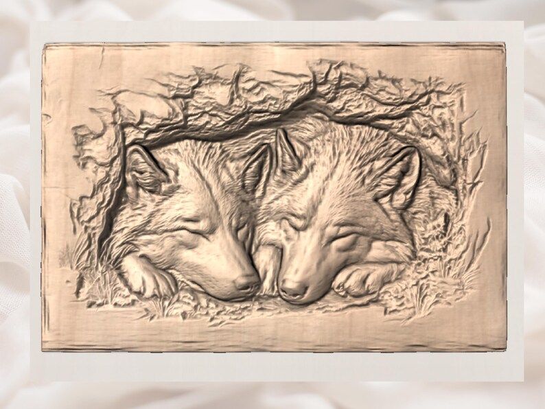 Sleeping Wolf Couple Bas-Relief STL for CNC Carving bas-relief STL — view 2