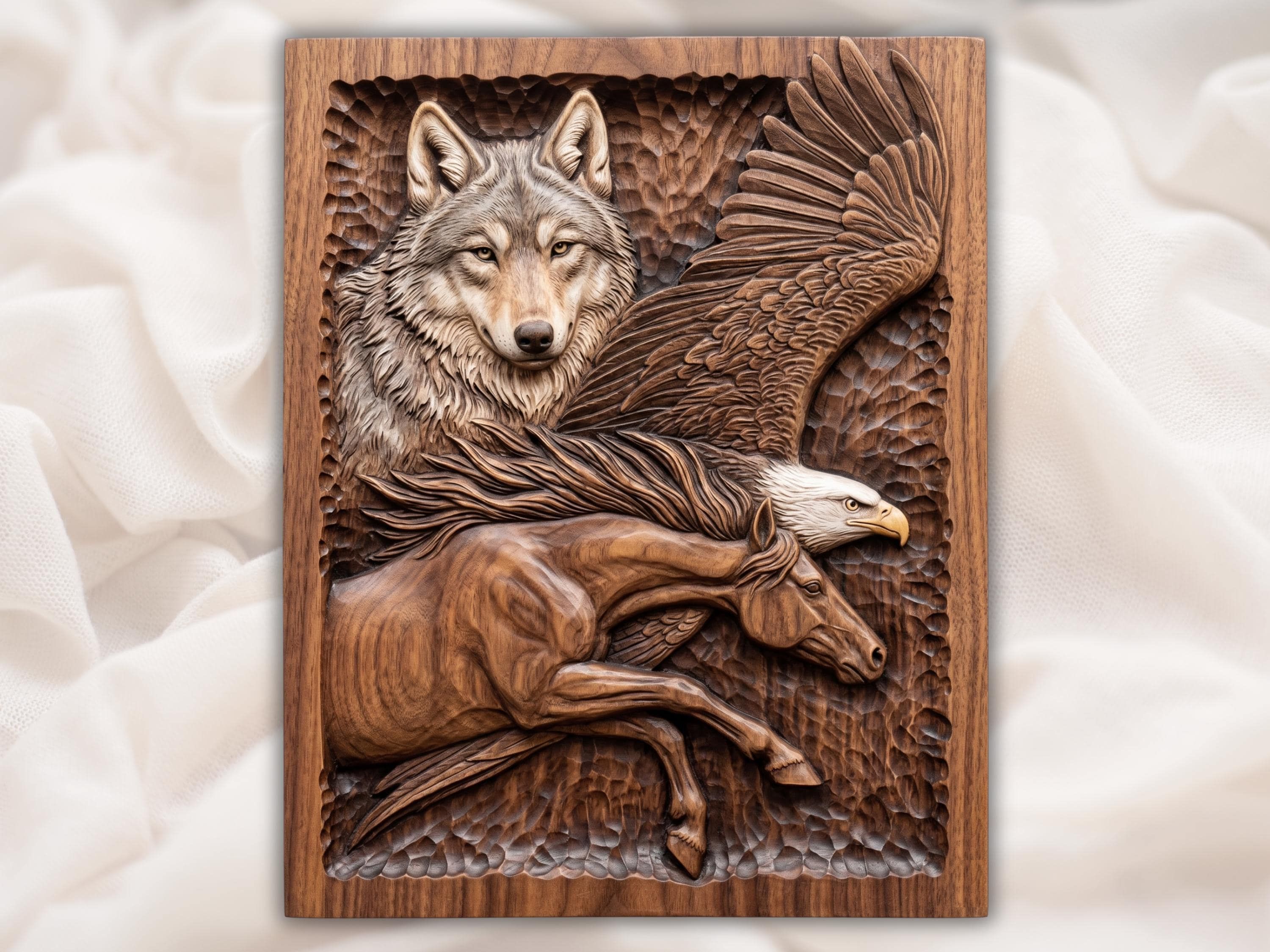 Carved bas-relief of a wolf face, a spread-winged eagle, and a galloping horse on a wood panel